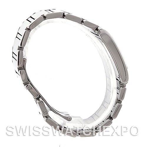 The image shows a side view of a Cartier Tank Francaise Women's Stainless Steel Silver Dial Women's Stainless Steel Silver Dial watch, highlighting the clasp mechanism and bracelet links.