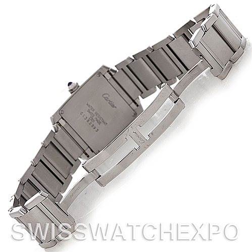 The image shows the back and band of a Cartier Tank Francaise Women's Stainless Steel Silver Dial Women's Stainless Steel Silver Dial watch, highlighting the bracelet and clasp.