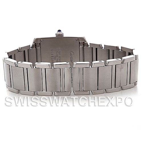 The image shows the stainless steel bracelet and clasp of a Cartier Tank Francaise Women's Stainless Steel Silver Dial Women's Stainless Steel Silver Dial watch from the back.