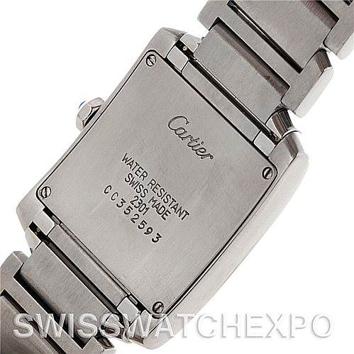This is a rear view of the Cartier Tank Francaise Women's Stainless Steel Silver Dial Women's Stainless Steel Silver Dial watch, showing the case back and part of the metal bracelet.