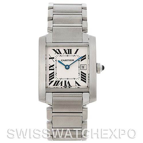 This image shows a front view of the Cartier Tank Francaise W51011Q3 Women's Stainless Steel Silver Dial W51011Q3 Women's Stainless Steel Silver Dial watch, displaying its face, bracelet, and crown.