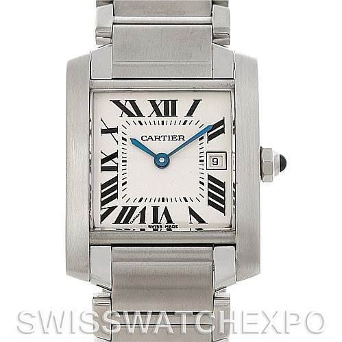 This image shows a front view of the Tank Francaise model by Cartier, highlighting its face, bracelet, and crown.