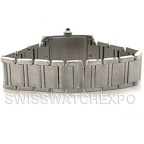 The image shows the back view of the Cartier Tank Francaise W51011Q3 Women's Stainless Steel Silver Dial W51011Q3 Women's Stainless Steel Silver Dial watch, focusing on the bracelet and clasp.