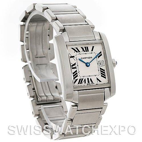 The Tank Francaise model by Cartier is shown at an angled view, displaying the face, bracelet, and part of the clasp.