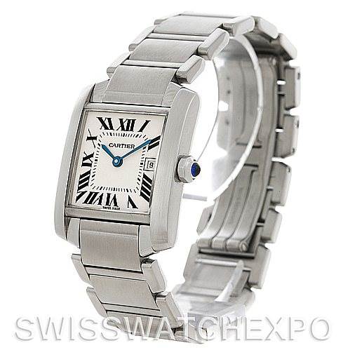 The image shows a Cartier Tank Francaise W51011Q3 Women's Stainless Steel Silver Dial W51011Q3 Women's Stainless Steel Silver Dial watch at a slight angle, highlighting the face, bracelet, and crown.