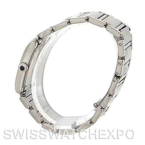 This image shows a Cartier Tank Française watch from a side angle, highlighting its metal bracelet and profile view.