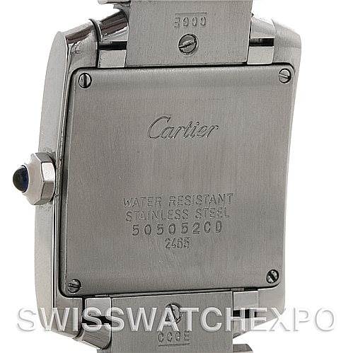 The image shows the back case of a Cartier Tank Francaise W51011Q3 Women's Stainless Steel Silver Dial W51011Q3 Women's Stainless Steel Silver Dial watch, highlighting its water resistance, stainless steel material, and serial number.