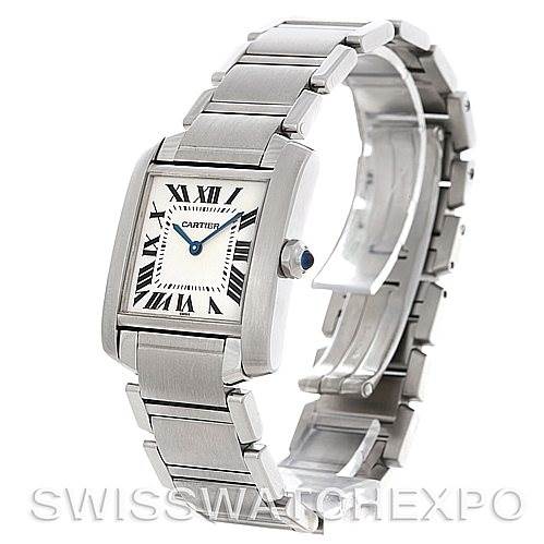 This image shows a side and top view of a Cartier Tank Francaise Women's Stainless Steel Silver Dial Women's Stainless Steel Silver Dial watch, including its square face and metal bracelet.