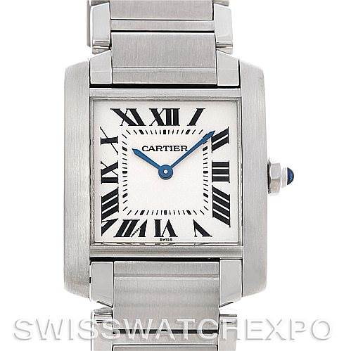 The image shows the front view of the Cartier Tank Française watch, highlighting the dial, case, and part of the bracelet.