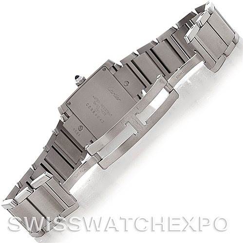 This image shows the back view of a Cartier Tank Francaise Women's Stainless Steel Silver Dial Women's Stainless Steel Silver Dial watch, highlighting the clasp and bracelet links.