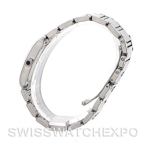 This image shows a side view of the Cartier Tank Francaise Women's Stainless Steel Silver Dial Women's Stainless Steel Silver Dial model, highlighting the stainless steel bracelet and side profile of the case.