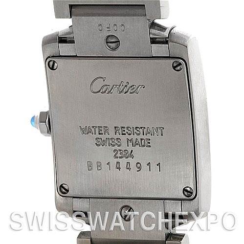 The image shows the back case and part of the bracelet of a Cartier Tank Francaise W51008Q3 Women's Stainless Steel White Dial W51008Q3 Women's Stainless Steel White Dial watch.