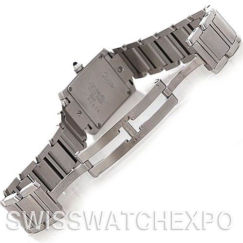 This image shows the back casing and metal bracelet of a Cartier Tank Française watch at an angled view.