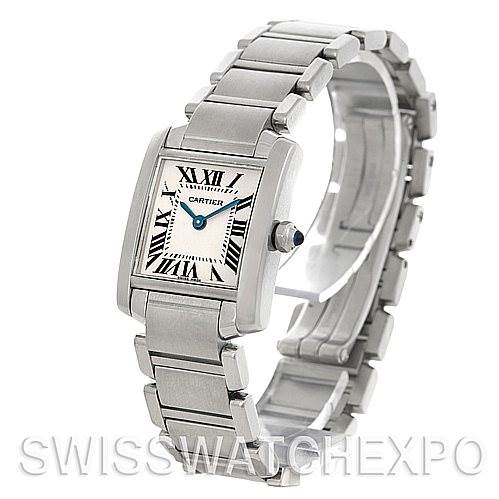 The image shows a Cartier Tank Francaise W51008Q3 Women's Stainless Steel White Dial W51008Q3 Women's Stainless Steel White Dial watch at a three-quarter angle, displaying the face, bracelet, and the side crown.