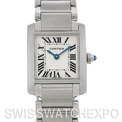 This image shows a front view of the Cartier Tank Française watch, highlighting the face, bezel, and part of the bracelet.