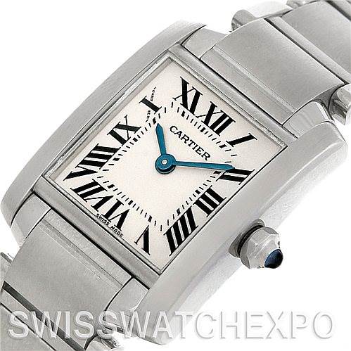 This is a close-up angle of the Cartier Tank Francaise W51008Q3 Women's Stainless Steel White Dial W51008Q3 Women's Stainless Steel White Dial watch, showing the face, crown, and part of the bracelet.