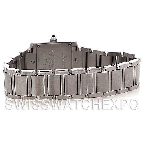 The image shows the back view of a Cartier Tank Francaise W51008Q3 Women's Stainless Steel White Dial W51008Q3 Women's Stainless Steel White Dial watch, focusing on the bracelet and case back.