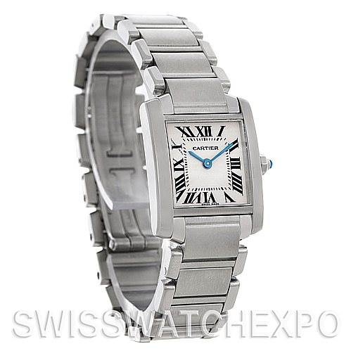 The image features a Cartier Tank Francaise W51008Q3 Women's Stainless Steel White Dial W51008Q3 Women's Stainless Steel White Dial watch shown at a three-quarter angle, highlighting the bracelet and square dial.
