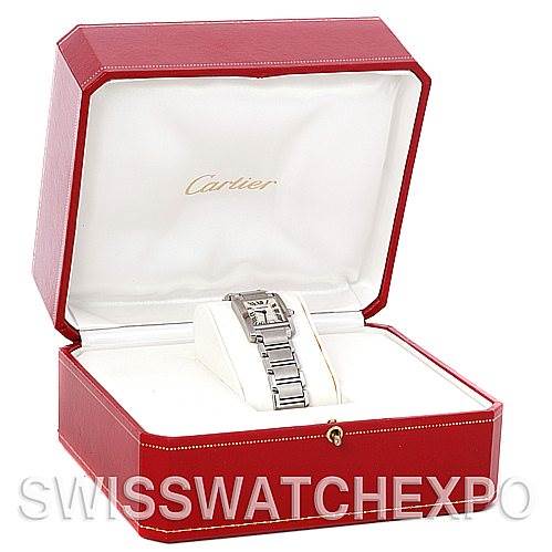 The image shows a Cartier Tank Francaise W51008Q3 Women's Stainless Steel White Dial W51008Q3 Women's Stainless Steel White Dial watch displayed inside an open red Cartier box from a frontal angle.