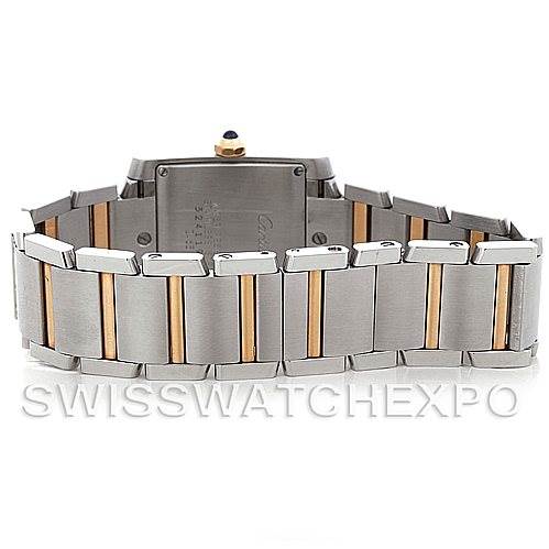 The image shows the back view of the Cartier Tank Francaise W51012Q4 Women's Steel and Gold (two tone) Silver Dial W51012Q4 Women's Steel and Gold (two tone) Silver Dial watch, highlighting its two-tone metal bracelet and case back.