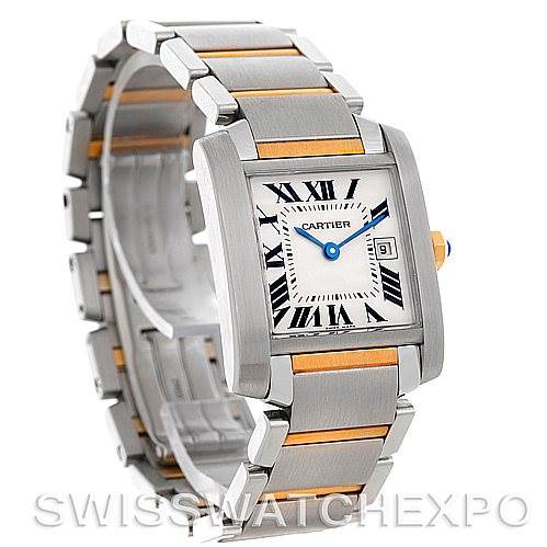 The image shows a Cartier Tank Francaise W51012Q4 Women's Steel and Gold (two tone) Silver Dial W51012Q4 Women's Steel and Gold (two tone) Silver Dial watch at an angle, displaying the face, bezel, and part of the bracelet.
