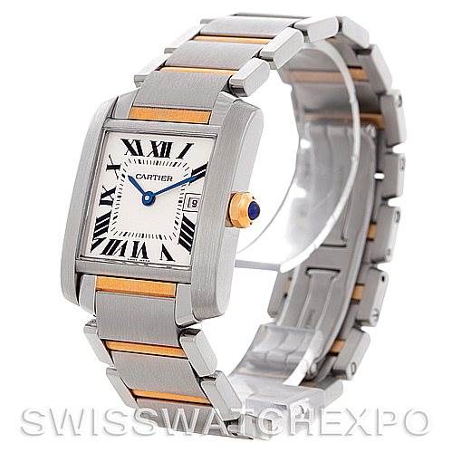 The image shows a Cartier Tank Française watch, highlighting its bezel, bracelet, dial, and crown, from an angled side view.