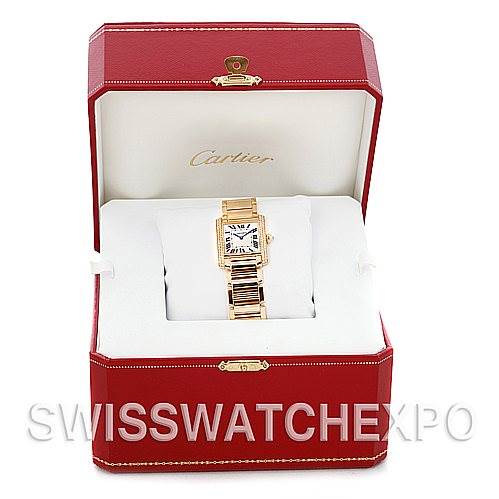 The Cartier Tank Francaise WE1017R8 Women's Yellow Gold Silver Dial WE1017R8 Women's Yellow Gold Silver Dial watch is shown from the front, displayed in an open red jewelry box.