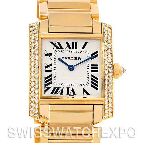 This image shows the front view of a Cartier Tank Française watch, highlighting the face, Roman numerals, and diamond-studded bezel.
