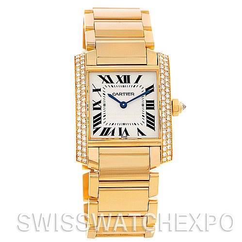 The image shows a head-on view of the Cartier Tank Française watch, highlighting its face, bracelet, and diamond-encrusted bezel.