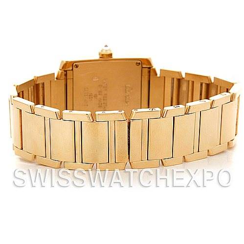 This image shows the rear angle of the Cartier Tank Francaise WE1017R8 Women's Yellow Gold Silver Dial WE1017R8 Women's Yellow Gold Silver Dial watch, highlighting the gold bracelet and case back.