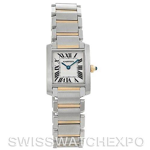 The image shows a front view of the Cartier Tank Française watch, displaying its square dial, Roman numerals, and metal bracelet.