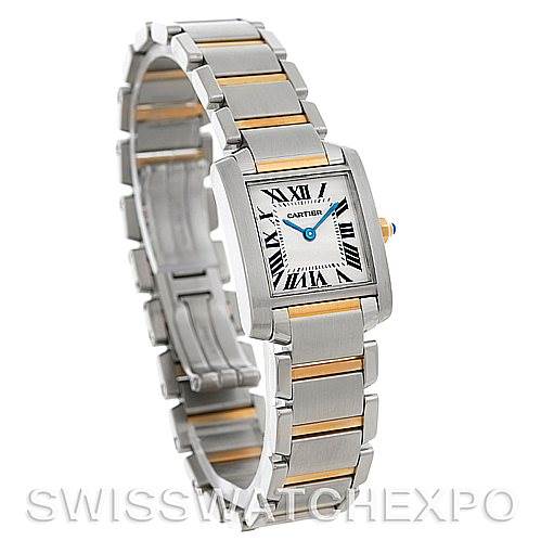 The image shows a Cartier Tank Francaise W51007Q4 Women's Steel and Gold (two tone) Silver Dial W51007Q4 Women's Steel and Gold (two tone) Silver Dial watch angled to display both the face and the two-tone metal bracelet.