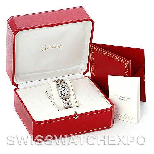 This image shows a Cartier Tank Francaise W51007Q4 Women's Steel and Gold (two tone) Silver Dial W51007Q4 Women's Steel and Gold (two tone) Silver Dial watch placed in an open red presentation box, accompanied by a booklet.