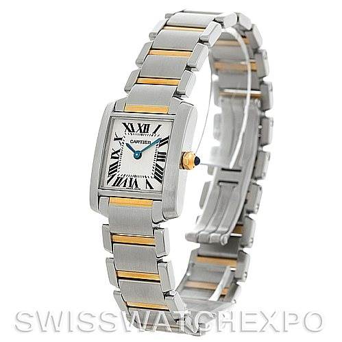 The image shows a side-angle view of the Cartier Tank Francaise W51007Q4 Women's Steel and Gold (two tone) Silver Dial W51007Q4 Women's Steel and Gold (two tone) Silver Dial watch, displaying its rectangular face and two-tone metal bracelet.