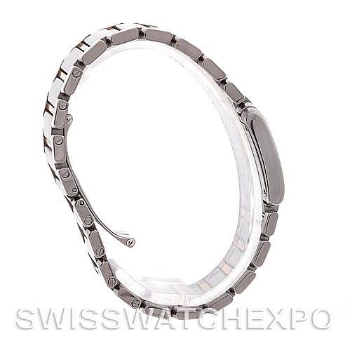 This image shows a side profile view of the Cartier Tank Francaise W51007Q4 Women's Steel and Gold (two tone) Silver Dial W51007Q4 Women's Steel and Gold (two tone) Silver Dial watch, highlighting its metallic bracelet and clasp.