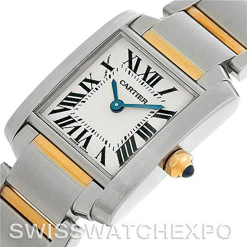 The image shows a close-up of the Cartier Tank Francaise W51007Q4 Women's Steel and Gold (two tone) Silver Dial W51007Q4 Women's Steel and Gold (two tone) Silver Dial watch, focusing on the face, bezel, crown, and part of the bracelet from an angled view.
