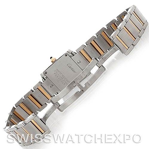 This image shows the back view of a Cartier Tank Francaise W51007Q4 Women's Steel and Gold (two tone) Silver Dial W51007Q4 Women's Steel and Gold (two tone) Silver Dial watch, focusing on the bracelet and clasp.
