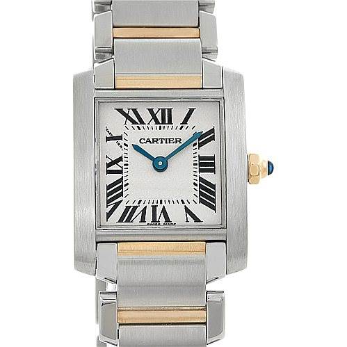 This image shows a Cartier Tank Francaise W51007Q4 Women's Steel and Gold (two tone) Silver Dial W51007Q4 Women's Steel and Gold (two tone) Silver Dial watch with a stainless steel and gold bracelet, featuring a rectangular face with Roman numerals.