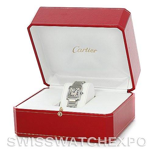 The Cartier Tank Française watch is displayed inside an open red Cartier case, showcasing its front and part of the bracelet.