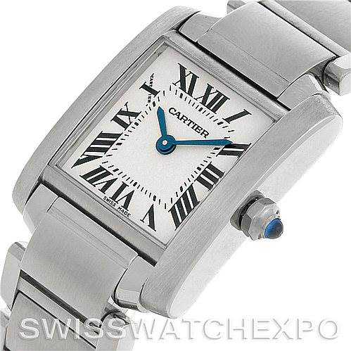 This image shows a close-up of the Cartier Tank Francaise W51008Q3 Women's Stainless Steel White Dial W51008Q3 Women's Stainless Steel White Dial watch, highlighting its rectangular dial, Roman numeral hour markers, and blue hands.