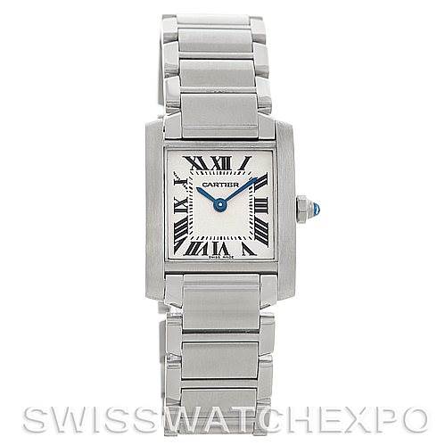 This image shows a front view of the Cartier Tank Francaise W51008Q3 Women's Stainless Steel White Dial W51008Q3 Women's Stainless Steel White Dial watch, displaying its rectangular face, Roman numerals, and metal bracelet.