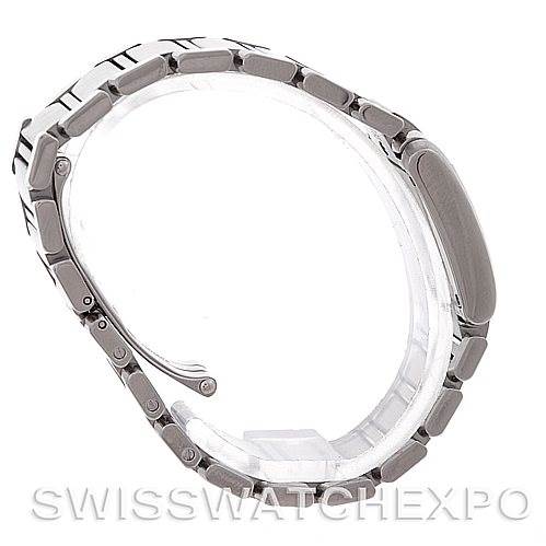 The image shows a side view of the Cartier Tank Française watch, highlighting its metal bracelet and case. 