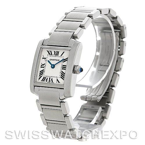 The image shows a Cartier Tank Francaise W51008Q3 Women's Stainless Steel White Dial W51008Q3 Women's Stainless Steel White Dial watch from a three-quarter angle, highlighting its bracelet, rectangular case, and sapphire crown.