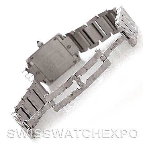 The image shows the underside of the bracelet and clasp mechanism of a Cartier Tank Française watch.