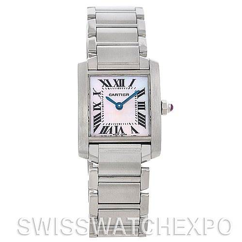 The image shows a front view of the Cartier Tank Francaise W51028Q3 Women's Stainless Steel Mother of Pearl Dial W51028Q3 Women's Stainless Steel Mother of Pearl Dial watch, highlighting its square face, stainless steel bracelet, and Roman numeral dial.