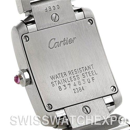 This image shows the back case of a Cartier Tank Francaise W51028Q3 Women's Stainless Steel Mother of Pearl Dial W51028Q3 Women's Stainless Steel Mother of Pearl Dial watch, highlighting its stainless steel material and water resistance.