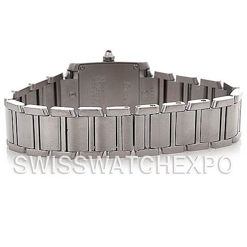 This image shows the back and bracelet of a Cartier Tank Française watch.