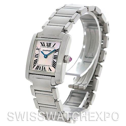 The image shows a side angle of the Cartier Tank Française watch, highlighting its face, bracelet, and deployment clasp.