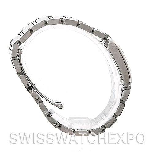 The image shows a side view of the Cartier Tank Francaise W51028Q3 Women's Stainless Steel Mother of Pearl Dial W51028Q3 Women's Stainless Steel Mother of Pearl Dial watch, focusing on the metal bracelet and clasp.