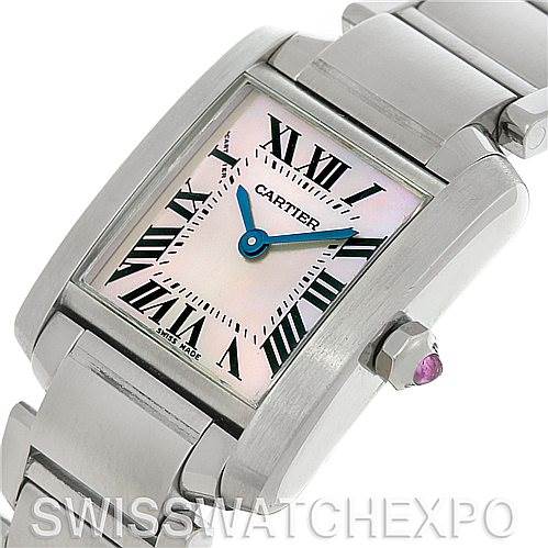 The image shows a Cartier Tank Francaise W51028Q3 Women's Stainless Steel Mother of Pearl Dial W51028Q3 Women's Stainless Steel Mother of Pearl Dial watch at an angle highlighting its face, bezel, crown with a gem, and part of the bracelet.